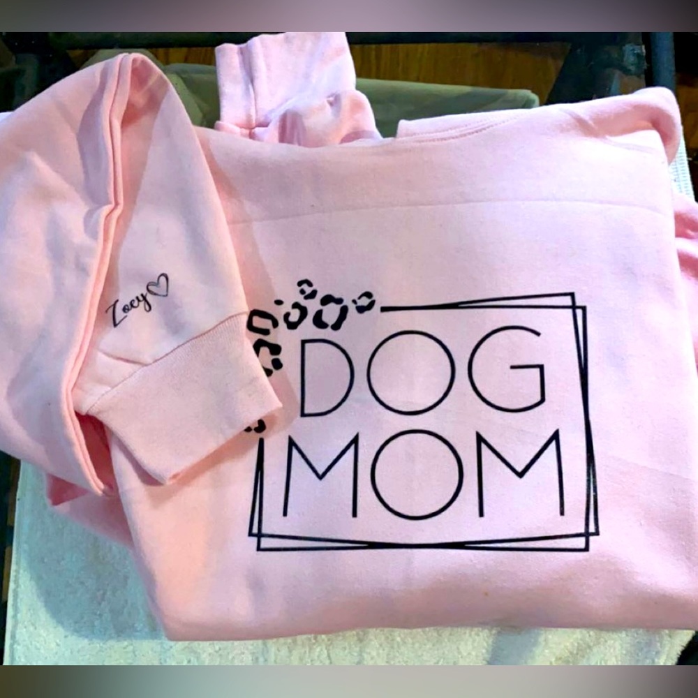 Dog Mom sweater with your babies name on the sleeve!